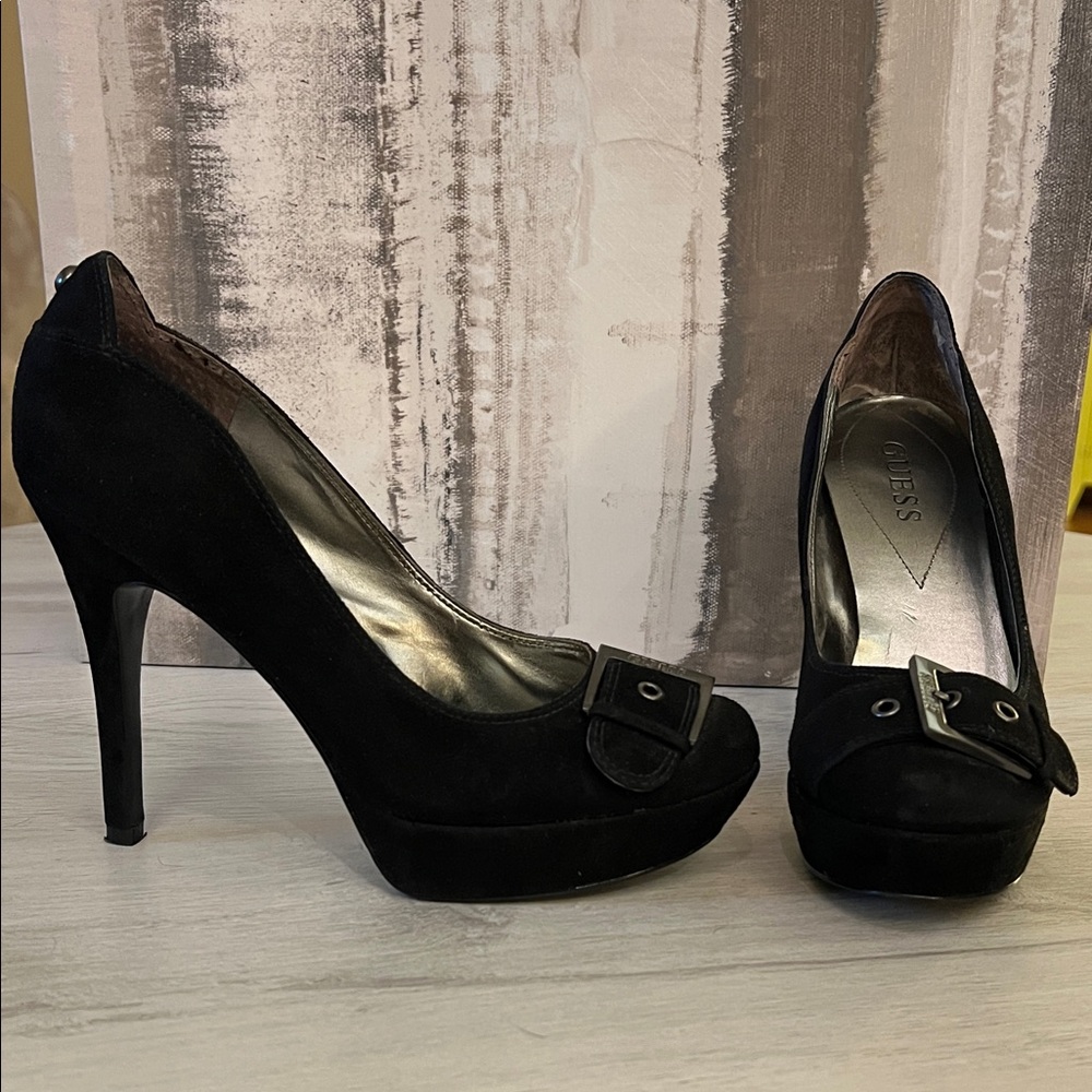 GUESS Black Suede Heels with Buckle